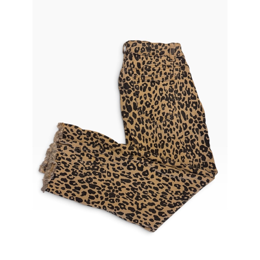 Baccini Leopard Print Denim Jeans Tan Black Animal Print Raw Hem Size 8